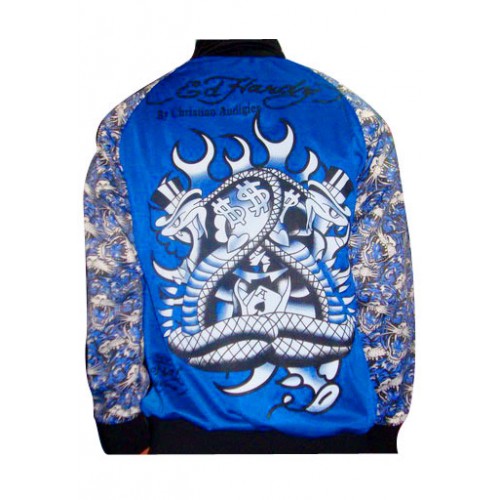 Ed Hardy Mens Jacket Two Swords Skull All Over Print Blue