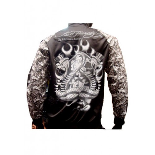 Ed Hardy Mens Jacket Two Swords Skull All Over Print Black