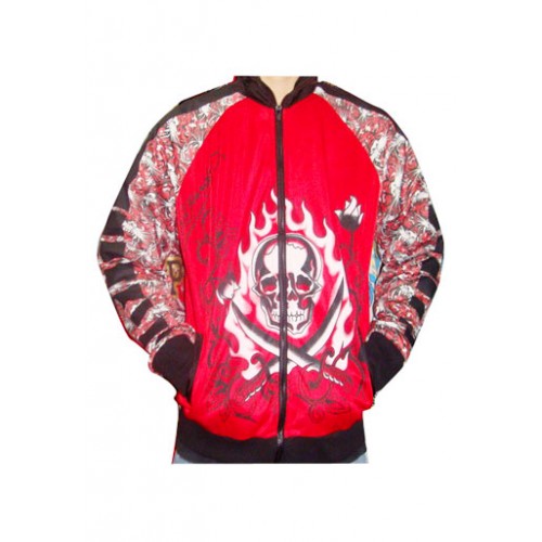 Ed Hardy Mens Jacket Two Swords Skull All Over Print Red