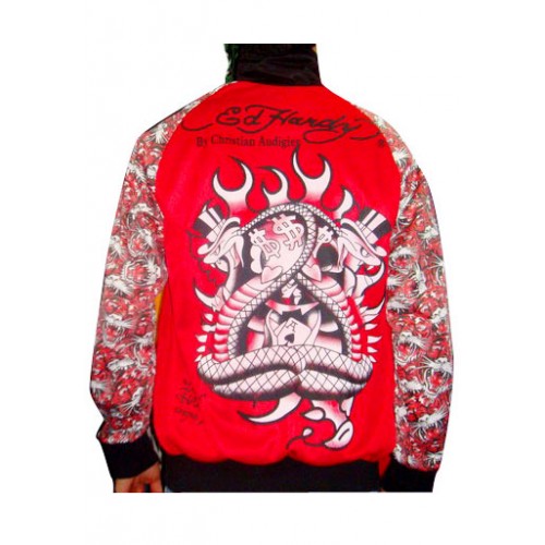 Ed Hardy Mens Jacket Two Swords Skull All Over Print Red