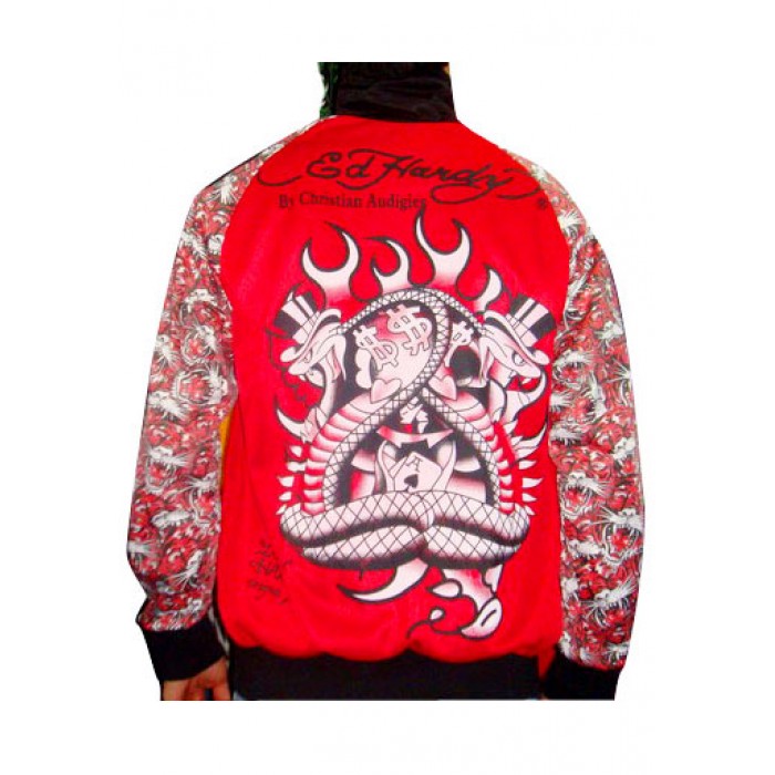 Ed Hardy Mens Jacket Two Swords Skull All Over Print Red